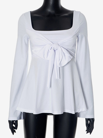 蝶結びブラウス スクエアネック 長袖 無地 春 トップス レディース 2026