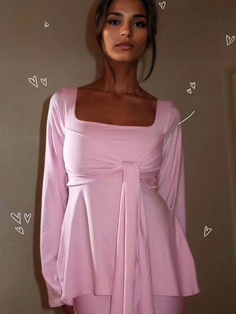 ピンク蝶結びブラウス スクエアネック 長袖 無地 春 トップス レディース 2026