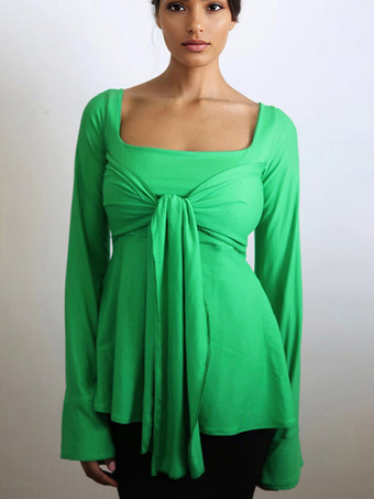 蝶結びブラウス スクエアネック 長袖 無地 春 トップス レディース 2026