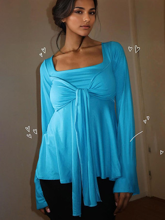 ブルー 蝶結びブラウス スクエアネック 長袖 無地 春 トップス レディース 2026