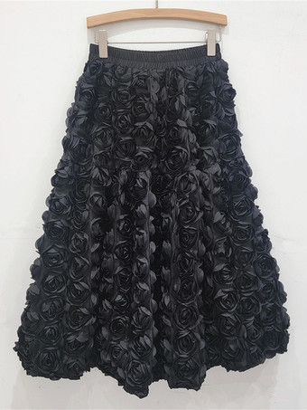 ブラック 3Dローズロングスカート 無地 誕生日パーティー Aラインスカート レディース 2025