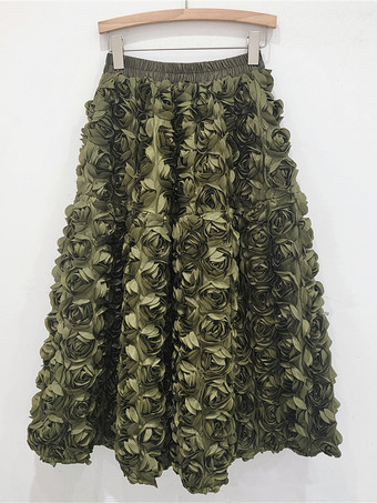 グリーン 3Dローズロングスカート 無地 誕生日パーティー Aラインスカート レディース 2025