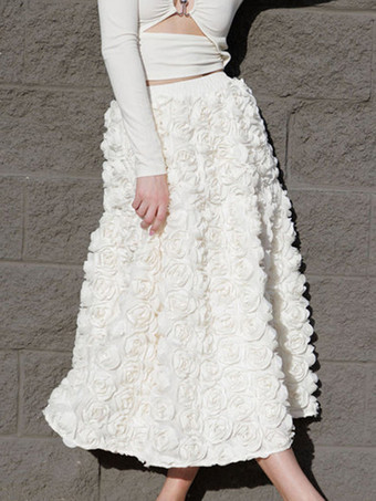 アイボリー 3Dローズロングスカート 無地 誕生日パーティー Aラインスカート レディース 2025