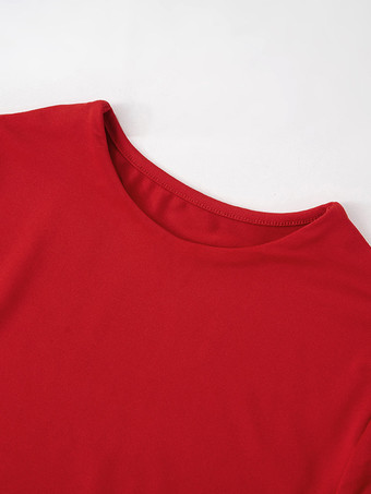 不規則なフリルのクロップトップ、赤の長袖無地春Tシャツ、女性用2025