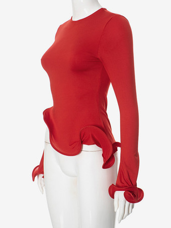 不規則なフリルのクロップトップ、赤の長袖無地春Tシャツ、女性用2025