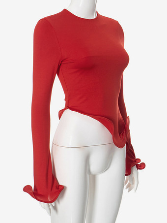 不規則なフリルのクロップトップ、赤の長袖無地春Tシャツ、女性用2025