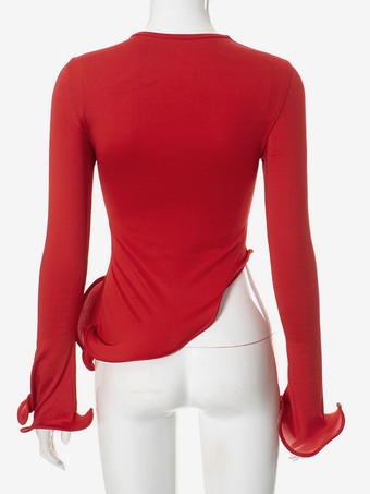 不規則なフリルのクロップトップ、赤の長袖無地春Tシャツ、女性用2025