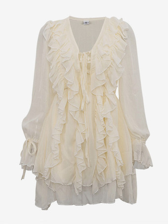 アプリコット フリル ドレス Vネック 長袖 ミニドレス レディース 2025