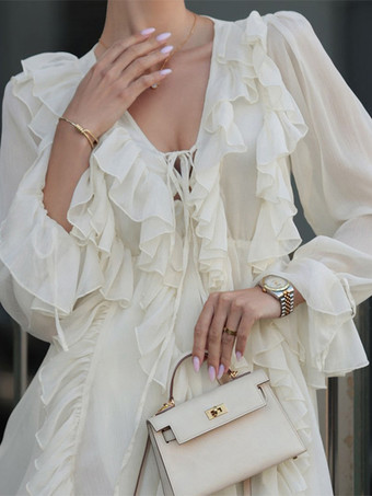 アプリコット フリル ドレス Vネック 長袖 ミニドレス レディース 2025