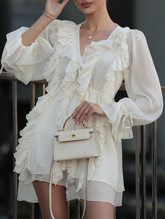 アプリコット フリル ドレス Vネック 長袖 ミニドレス レディース 2025