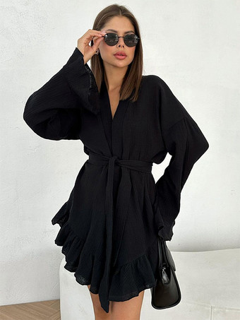 ブラック ツーピースコーデセット 長袖ベルト付きトップスとショートパンツのパジャマセット（レディース 2025）