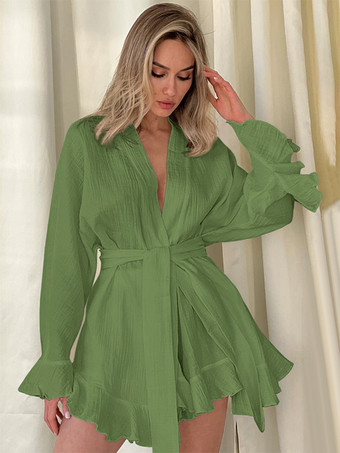 グリーン ツーピースコーデセット 長袖ベルト付きトップスとショートパンツのパジャマセット（レディース 2025）