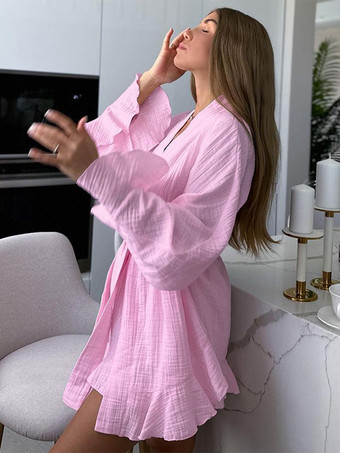 ツーピースコーデセット 長袖ベルト付きトップスとショートパンツのパジャマセット（レディース 2025）