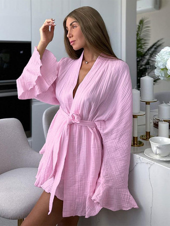 ピンクツーピースコーデセット 長袖ベルト付きトップスとショートパンツのパジャマセット（レディース 2025）