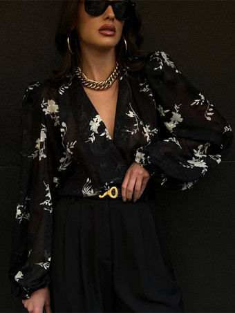 ブラック 花柄プリントブラウス Vネック パフスリーブ ブラック シアートップス レディース 2025