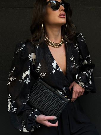 花柄プリントブラウス Vネック パフスリーブ ブラック シアートップス レディース 2025