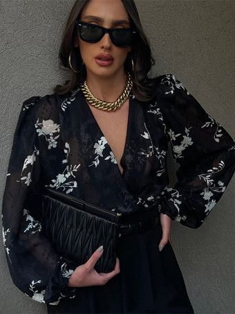 花柄プリントブラウス Vネック パフスリーブ ブラック シアートップス レディース 2025