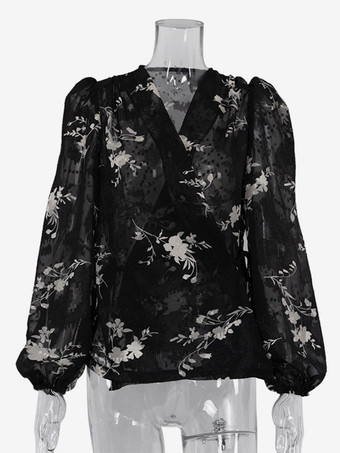 花柄プリントブラウス Vネック パフスリーブ ブラック シアートップス レディース 2025