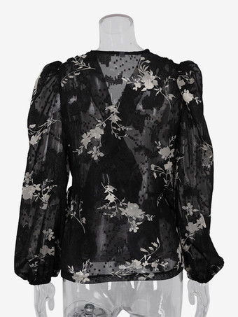 花柄プリントブラウス Vネック パフスリーブ ブラック シアートップス レディース 2025