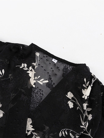 花柄プリントブラウス Vネック パフスリーブ ブラック シアートップス レディース 2025