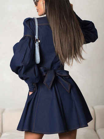 デニム スケーター ドレス パフスリーブ ボタンアップ Aライン ミニドレス レディース 2025