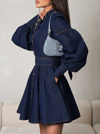 デニム スケーター ドレス パフスリーブ ボタンアップ Aライン ミニドレス レディース 2025