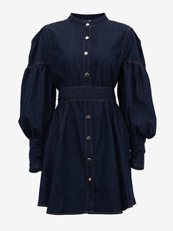 デニム スケーター ドレス パフスリーブ ボタンアップ Aライン ミニドレス レディース 2025