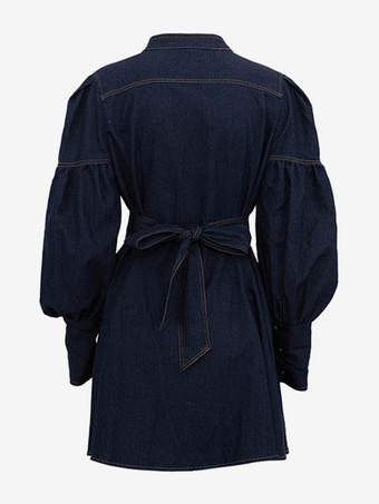 デニム スケーター ドレス パフスリーブ ボタンアップ Aライン ミニドレス レディース 2025