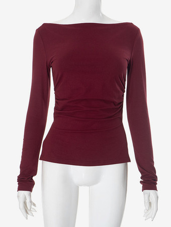 スリット入りバーガンディ長袖Tシャツ プリーツ春ベーシックトップス レディース 2025