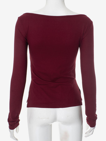 スリット入りバーガンディ長袖Tシャツ プリーツ春ベーシックトップス レディース 2025