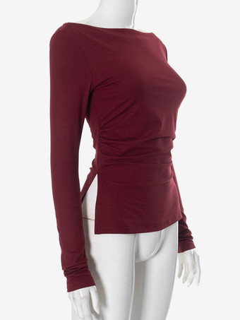 スリット入りバーガンディ長袖Tシャツ プリーツ春ベーシックトップス レディース 2025