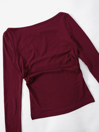 スリット入りバーガンディ長袖Tシャツ プリーツ春ベーシックトップス レディース 2025