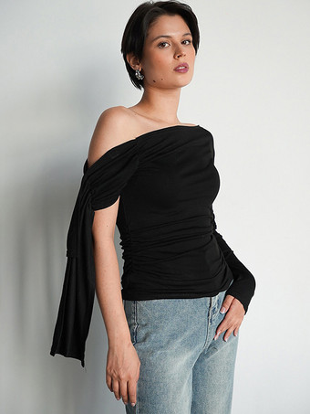 ブラック アシンメトリーワンショルダーTシャツ 長袖 ルーシュ 春 トップス レディース 2025