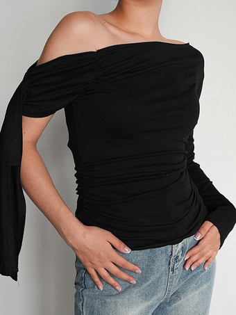 アシンメトリーワンショルダーTシャツ 長袖 ルーシュ 春 トップス レディース 2025