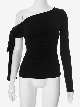 アシンメトリーワンショルダーTシャツ 長袖 ルーシュ 春 トップス レディース 2025