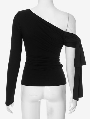 アシンメトリーワンショルダーTシャツ 長袖 ルーシュ 春 トップス レディース 2025