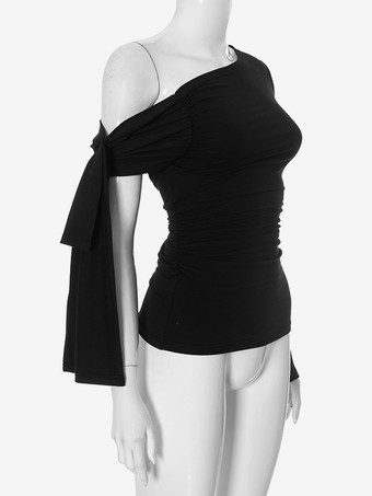 アシンメトリーワンショルダーTシャツ 長袖 ルーシュ 春 トップス レディース 2025