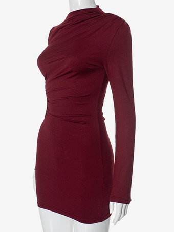 Robe moulante rouge vin à manches longues et mini-robe plissée pour femme 2025