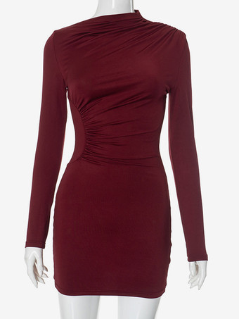 Robe moulante rouge vin à manches longues et mini-robe plissée pour femme 2025
