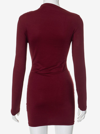 Robe moulante rouge vin à manches longues et mini-robe plissée pour femme 2025