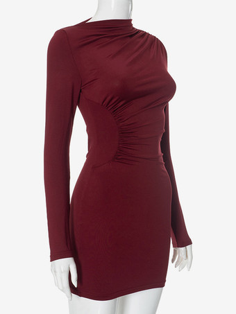 Robe moulante rouge vin à manches longues et mini-robe plissée pour femme 2025