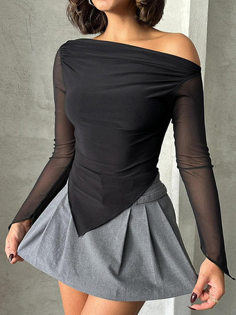 Haut court asymétrique à épaules dénudées T-shirt à manches longues en maille noire pour femme 2025