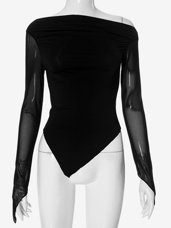 Haut court asymétrique à épaules dénudées T-shirt à manches longues en maille noire pour femme 2025
