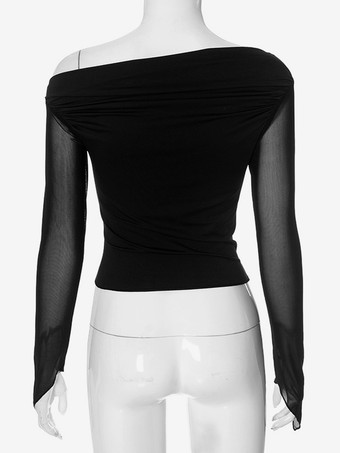 Haut court asymétrique à épaules dénudées T-shirt à manches longues en maille noire pour femme 2025