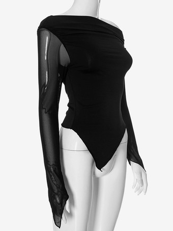 Haut court asymétrique à épaules dénudées T-shirt à manches longues en maille noire pour femme 2025