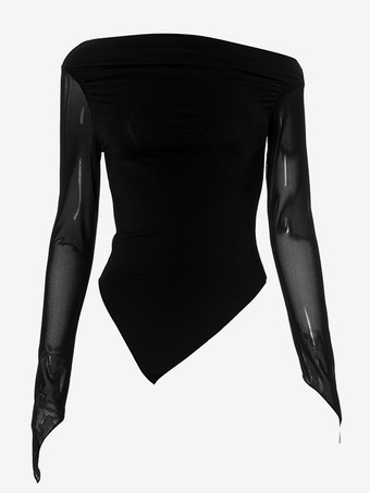 Haut court asymétrique à épaules dénudées T-shirt à manches longues en maille noire pour femme 2025