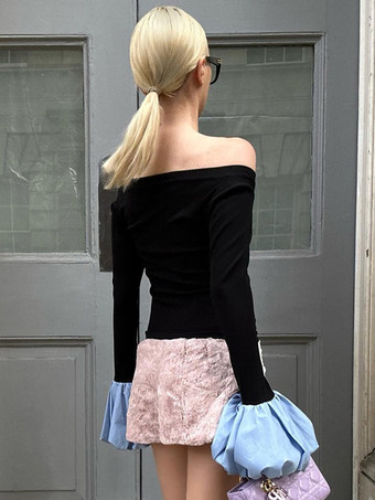 パフスリーブ クロップトップ ブラック スクープネック Tシャツ レディース 2025