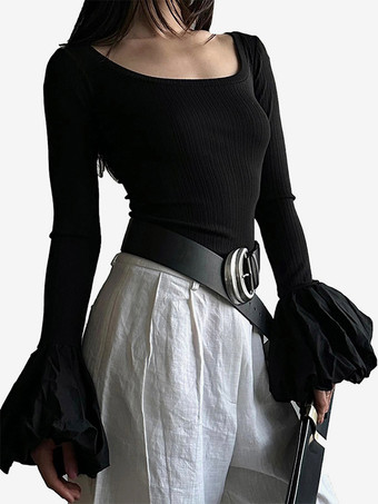 ブラック パフスリーブ クロップトップ ブラック スクープネック Tシャツ レディース 2025