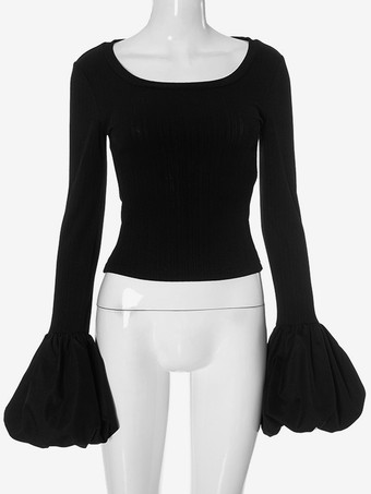 パフスリーブ クロップトップ ブラック スクープネック Tシャツ レディース 2025