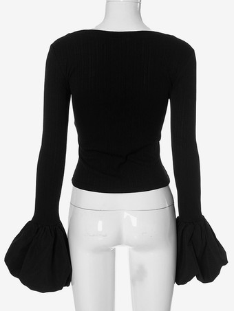 パフスリーブ クロップトップ ブラック スクープネック Tシャツ レディース 2025